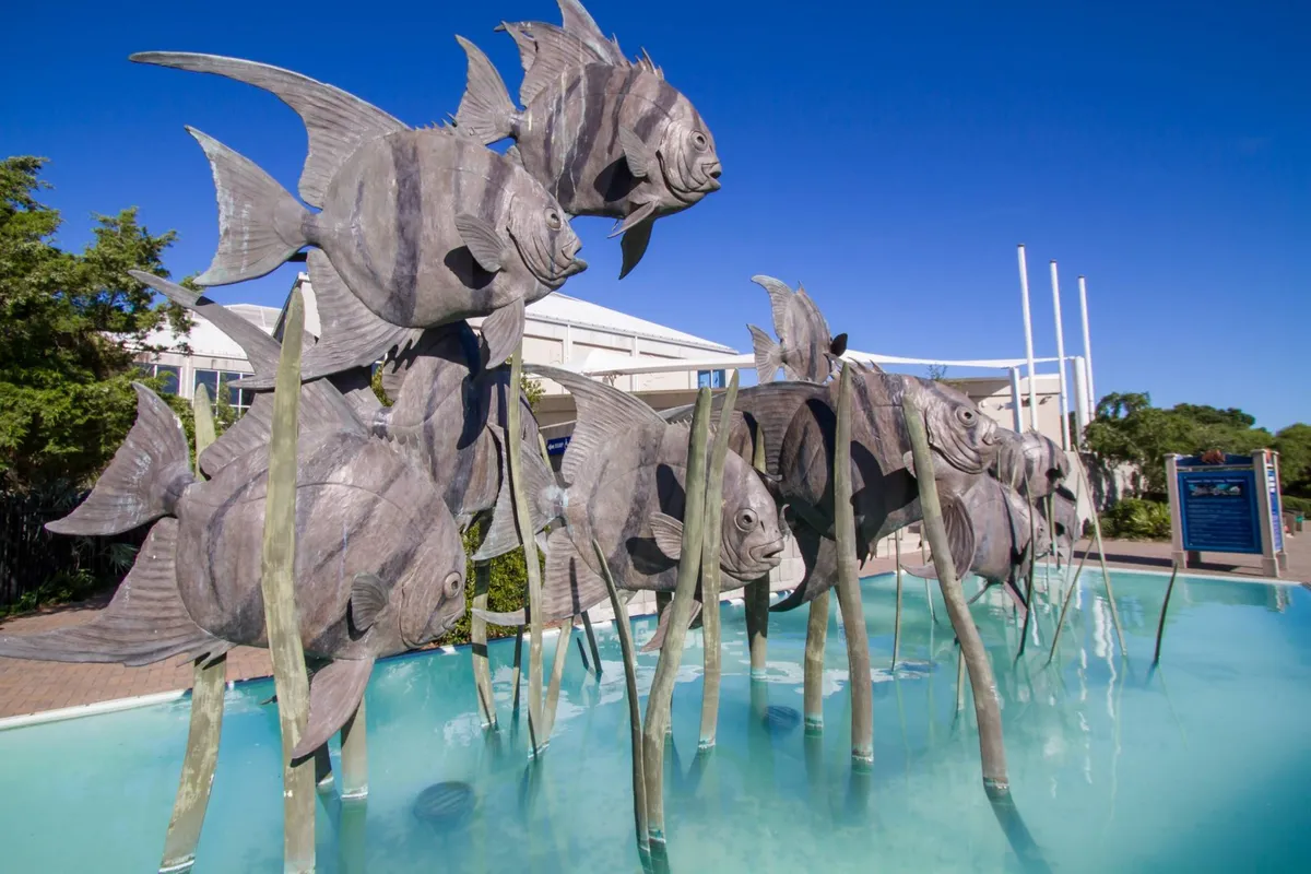 A whimsical outdoor scene with a large fish sculpture set beside a water feature, surrounded by lush greenery. The playful atmosphere is ideal for families and children, suggesting a nearby art installation or a spot perfect for memorable vacation photos and playful exploration.